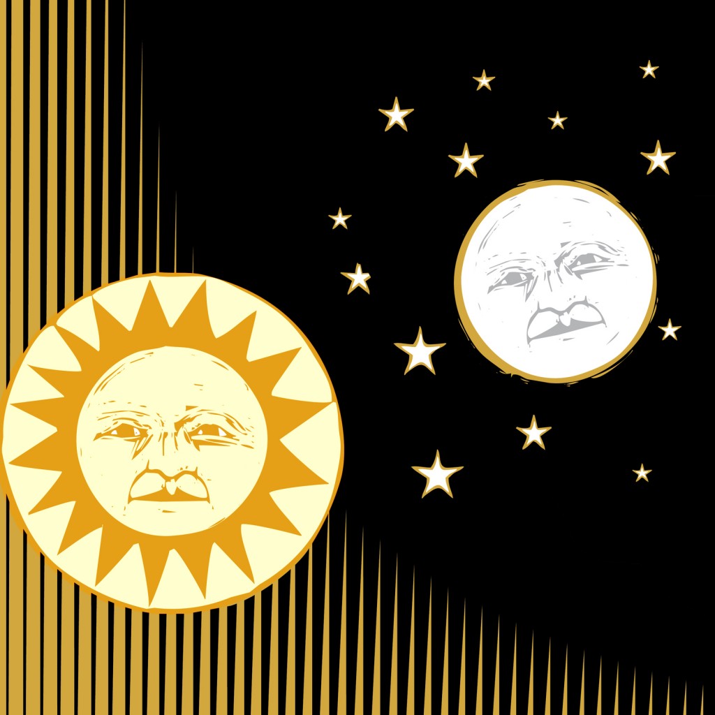 Sun and moon with faces and patterned background.